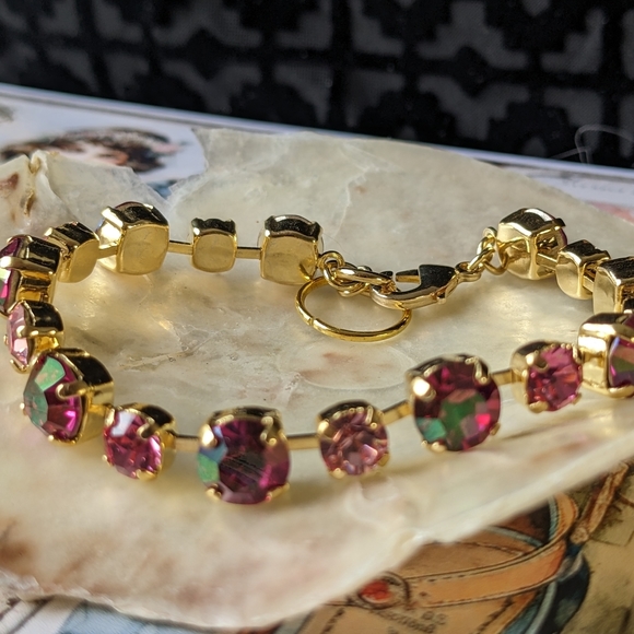 Metallic Pink Fuschia & Rose AB Swarovski Crystals in 14k Gold Plated Bracelet - Picture 1 of 5